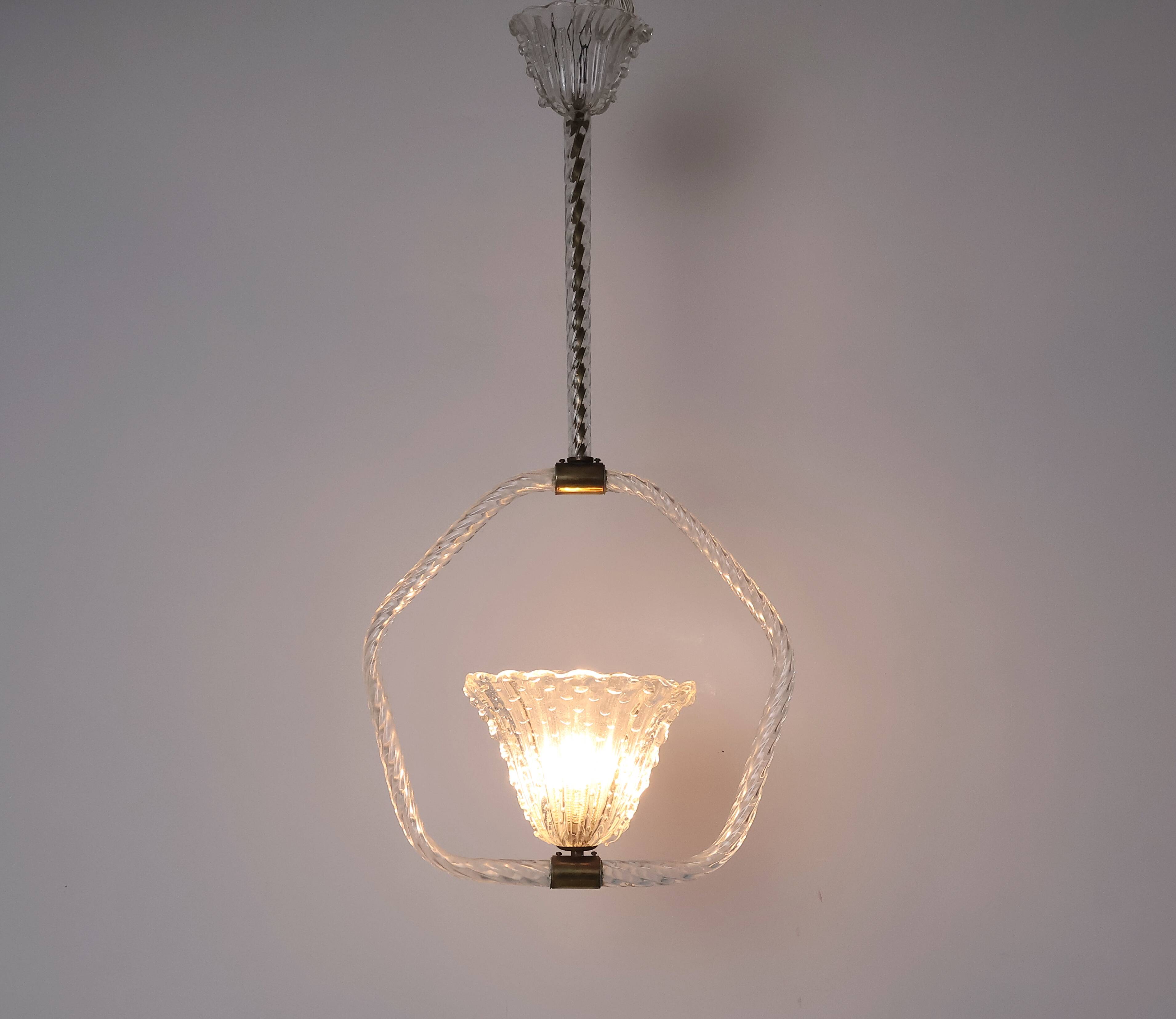 Lampe suspendue en verre de Murano vintage Barovier et Toso, années 1940.
