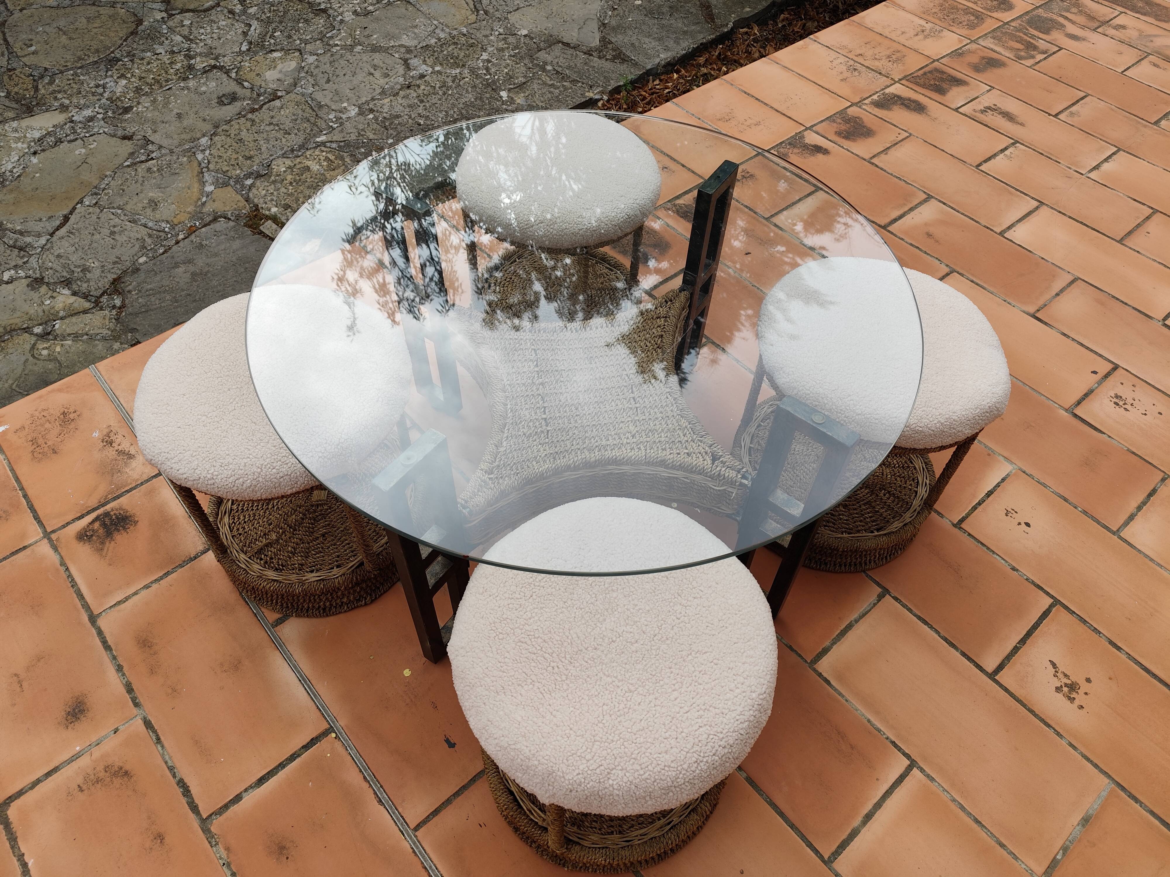 Vintage 1970s rope & rattan coffee table and 4 stools