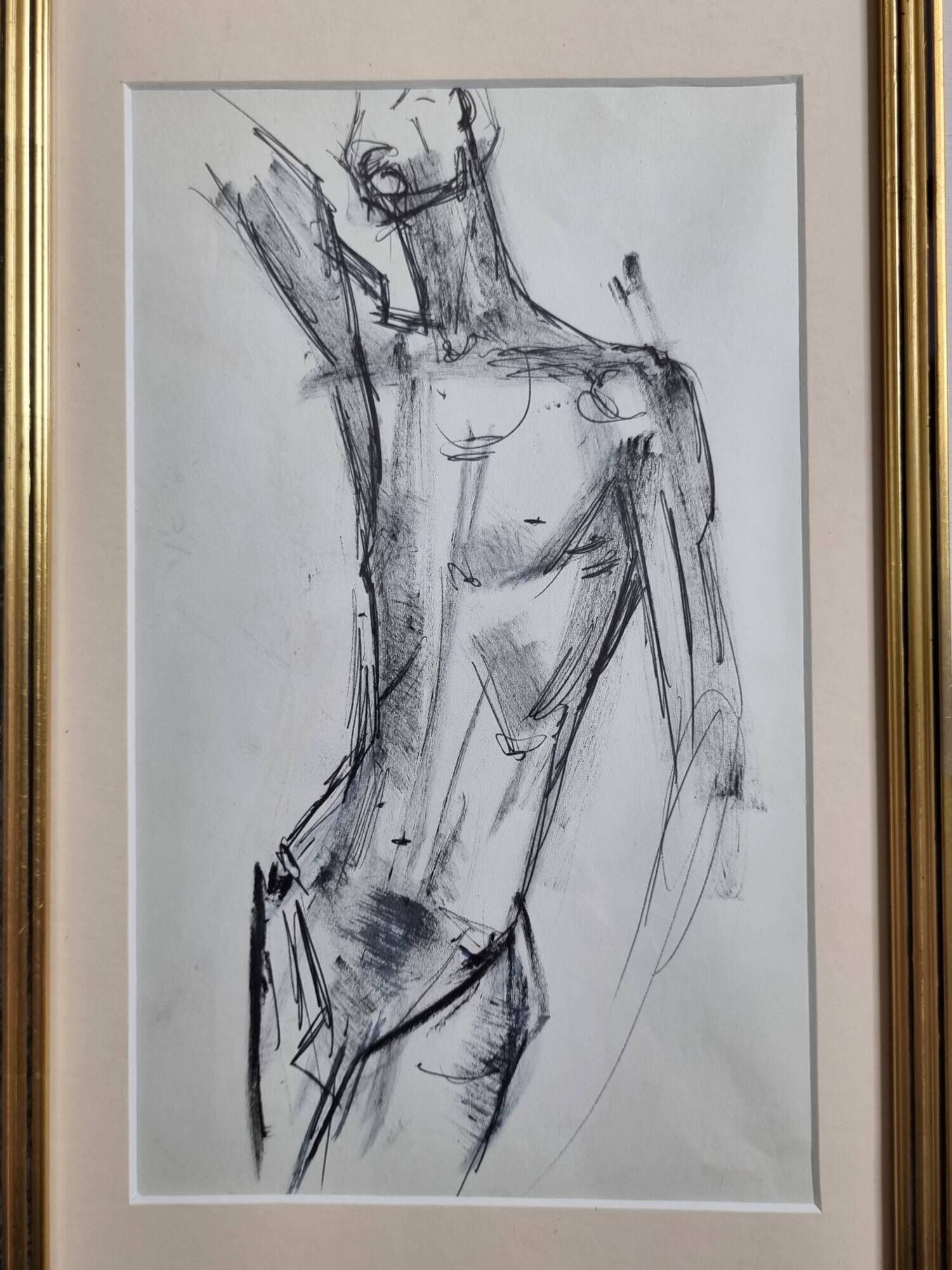 Charcoal study of a male nude, attributed to Maurice de Bus, gilded frame, 21 x 36 cm