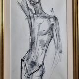 Étude de nu masculin au fusain, attribuée à Maurice de Bus, encadrement doré, 21 x 36 cm