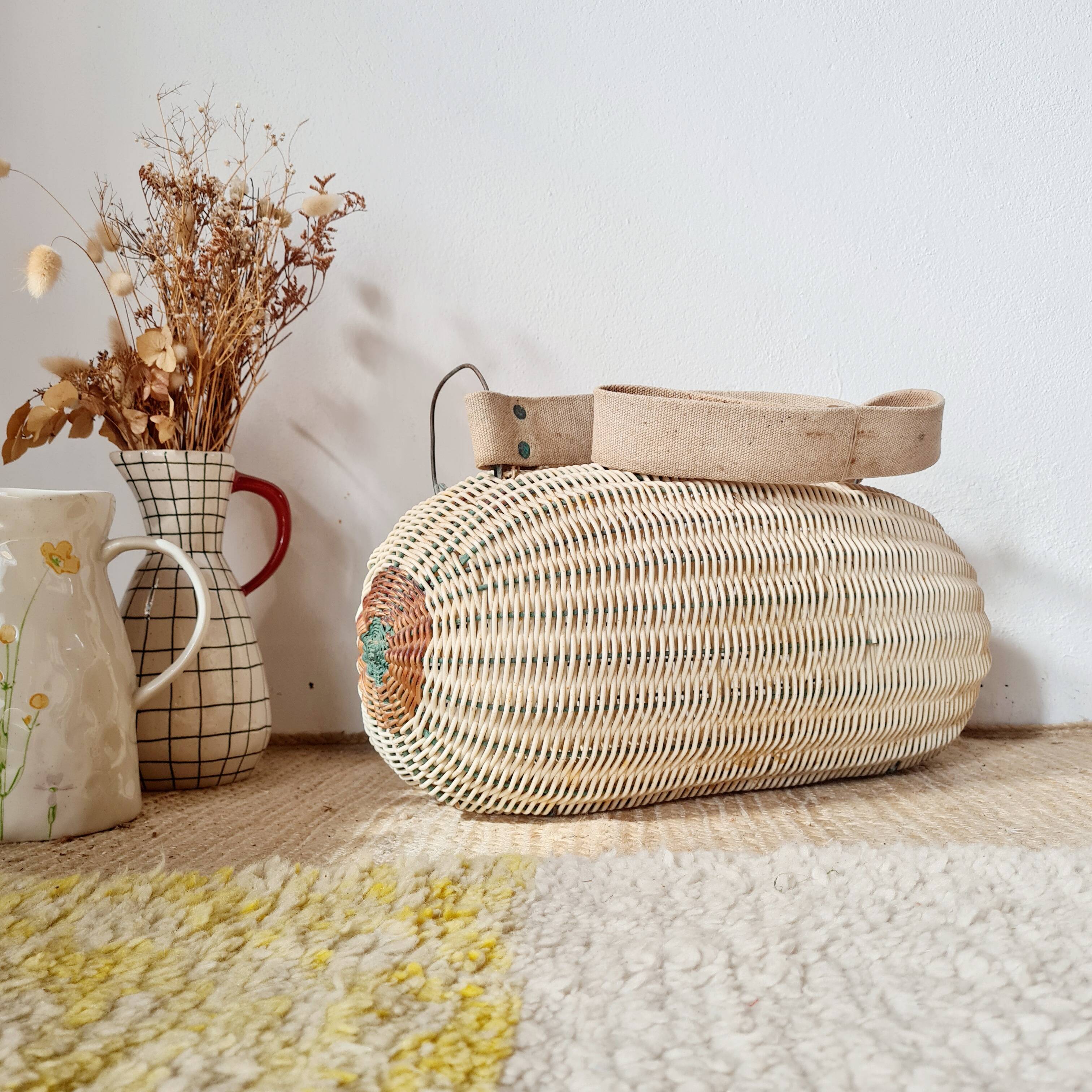 Panier ancien, besace en osier tressé - art populaire