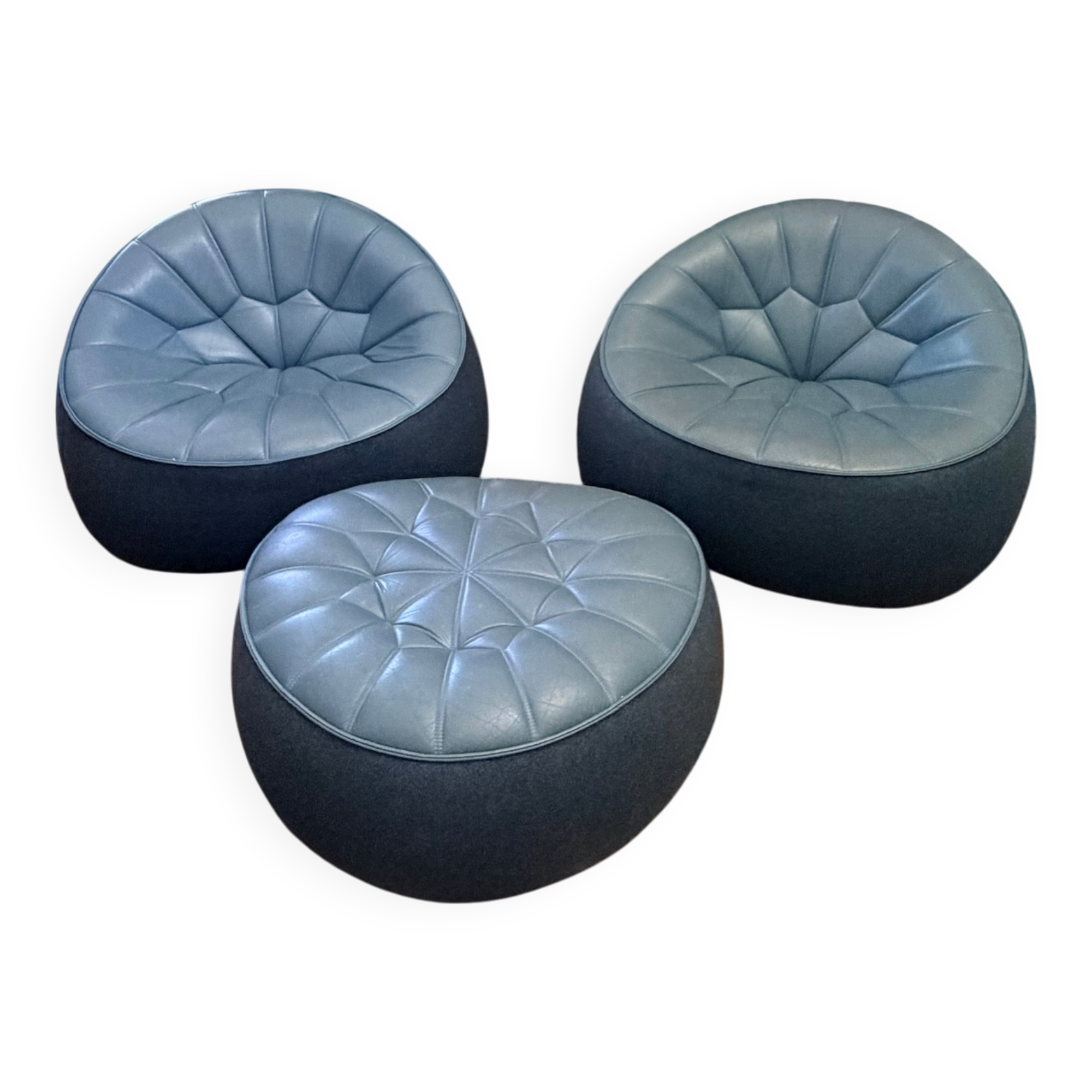 Ottoman Ensemble Cinna — 2 armchairs + leather pouf — Noé Duchaufour-L.