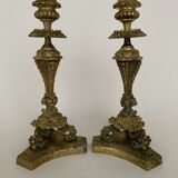 Pair of bronze candle holders with neogothic nineteenth chiseling
