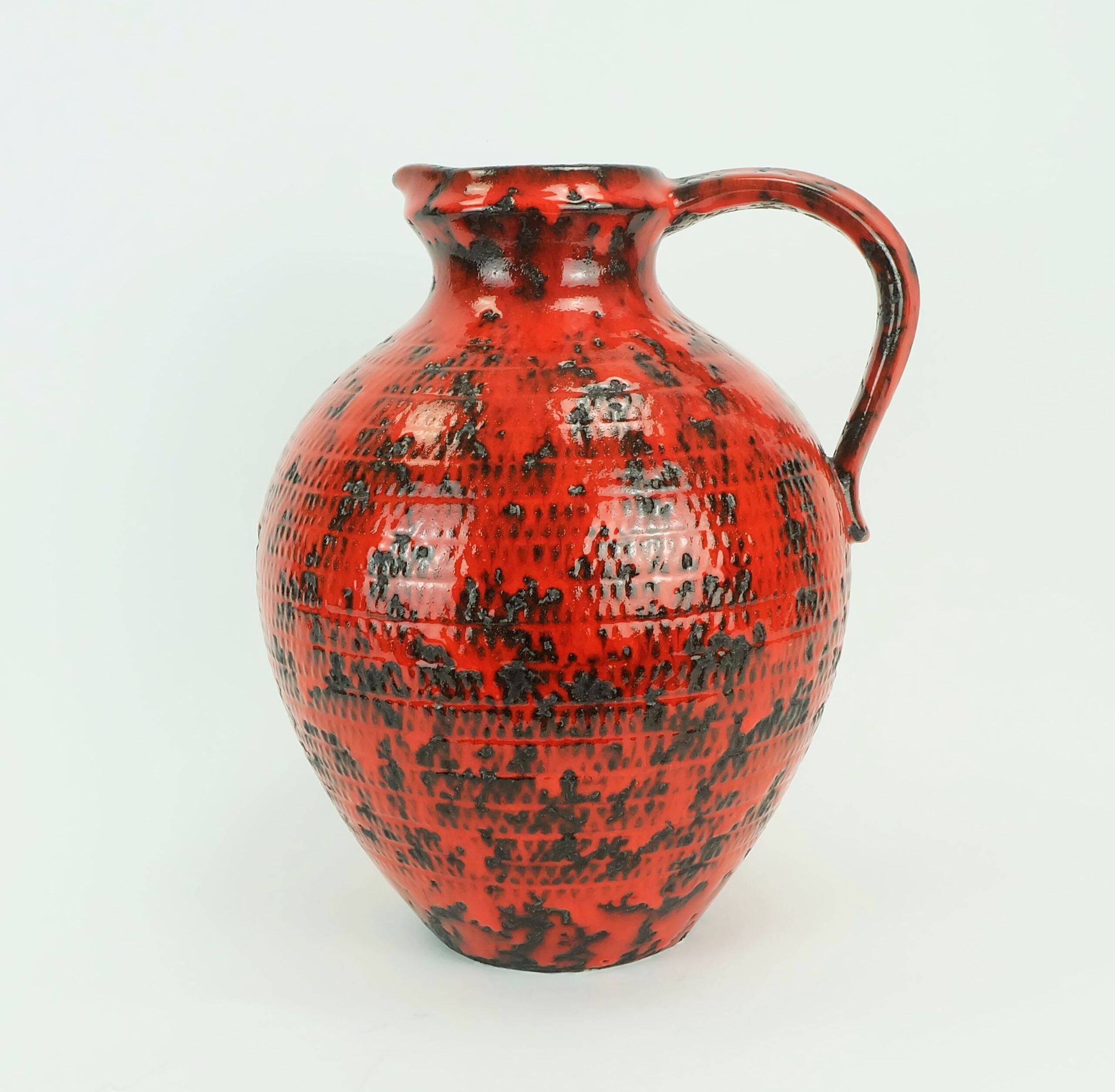 large 1960's VASE fohr-keramik model 490-30 black red relief decor fat lava