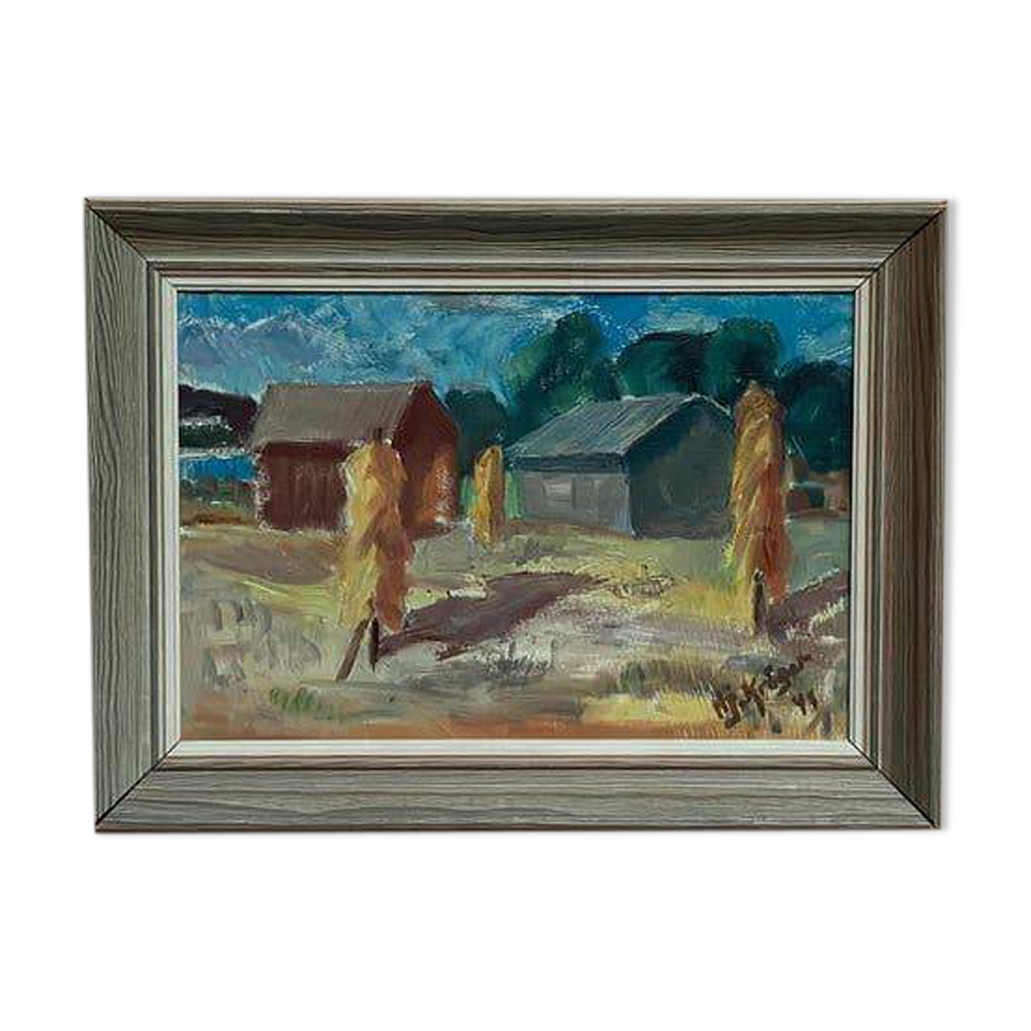 Original Swedish Oil on Panel – “Landscape with Barns” – Vintage & Framed