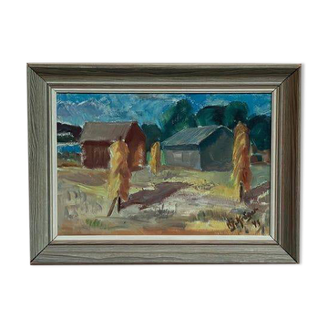 Original Swedish Oil on Panel – “Landscape with Barns” – Vintage & Framed