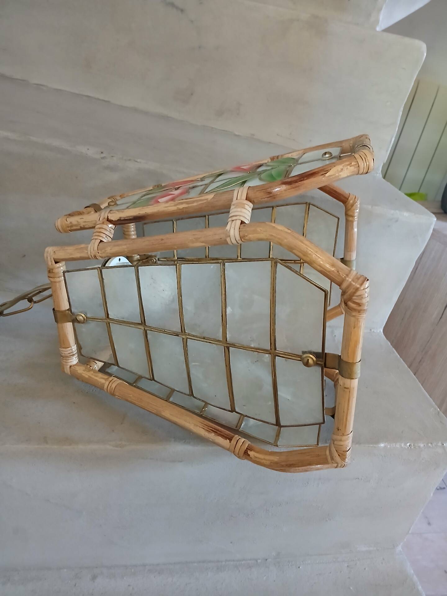 Suspension vintage rotin et nacre