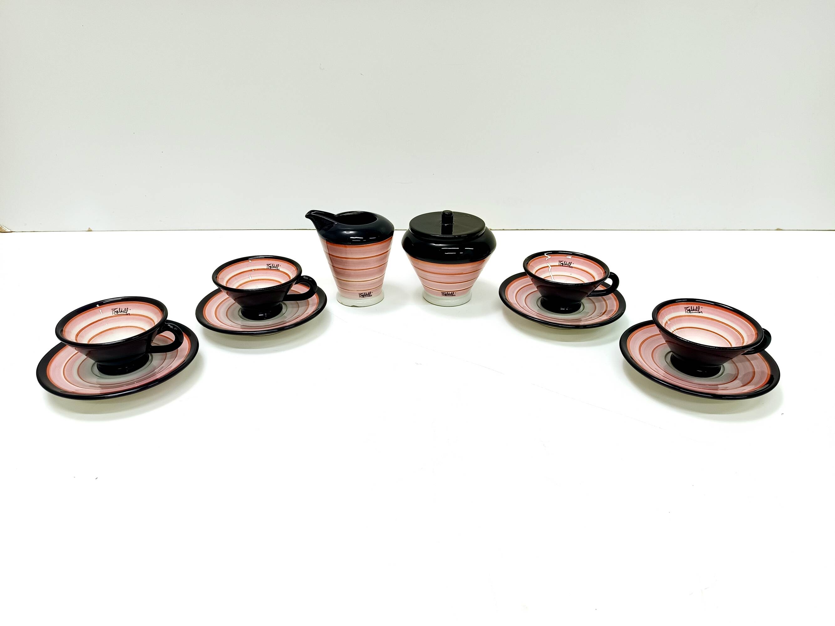 Set of Four Ceramic Coffee Cups by Baldelli with Milk Jug and Sugar Bowl, Italy