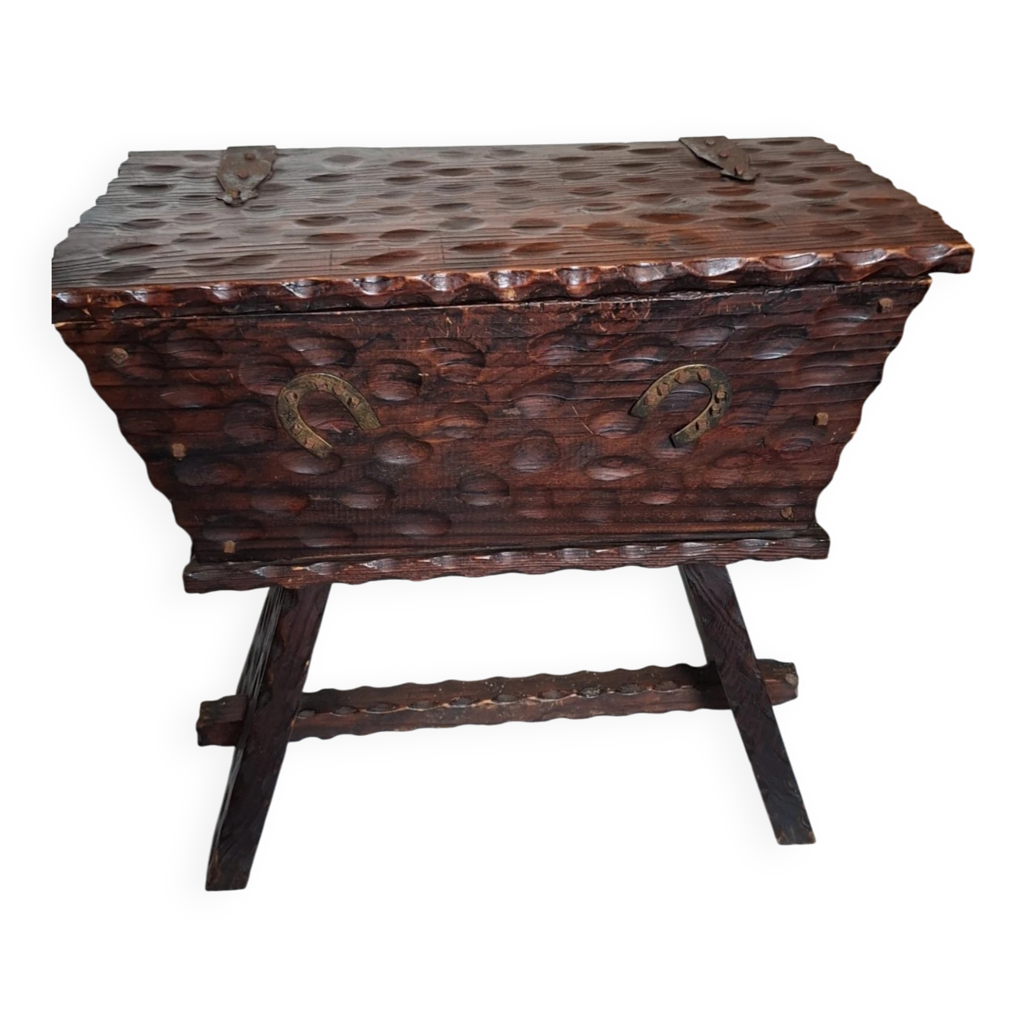 antique carved wooden bread kneader / rustic trunk chest