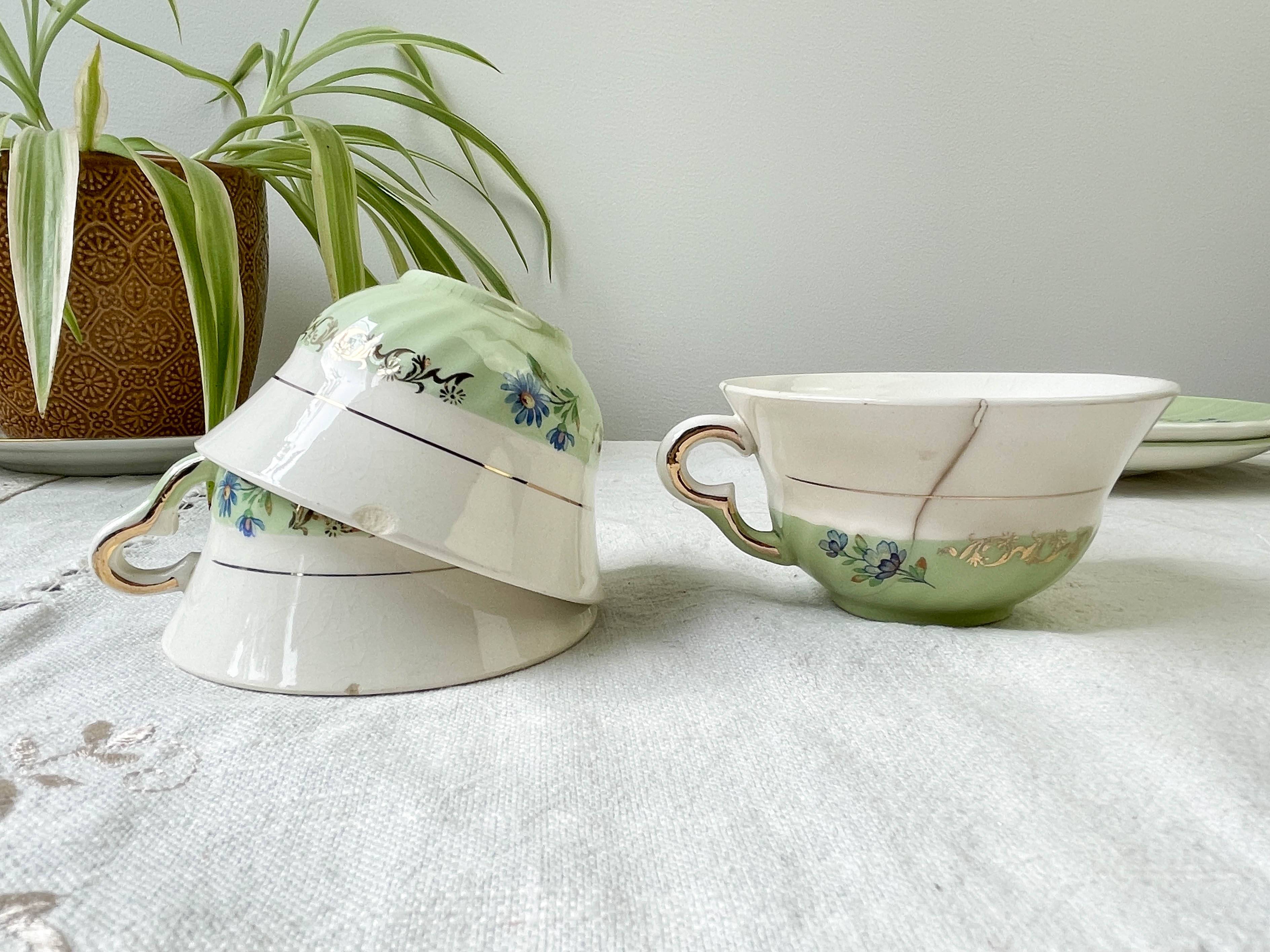 Vintage tea/coffee set in white, green and gold porcelain by SALINS, made in France