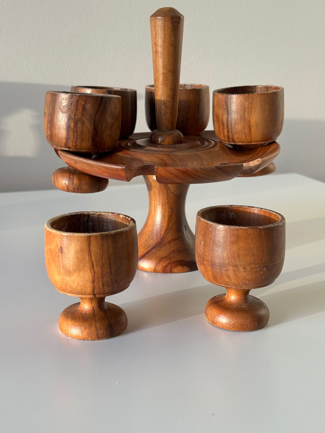 Wooden egg cups on a stand