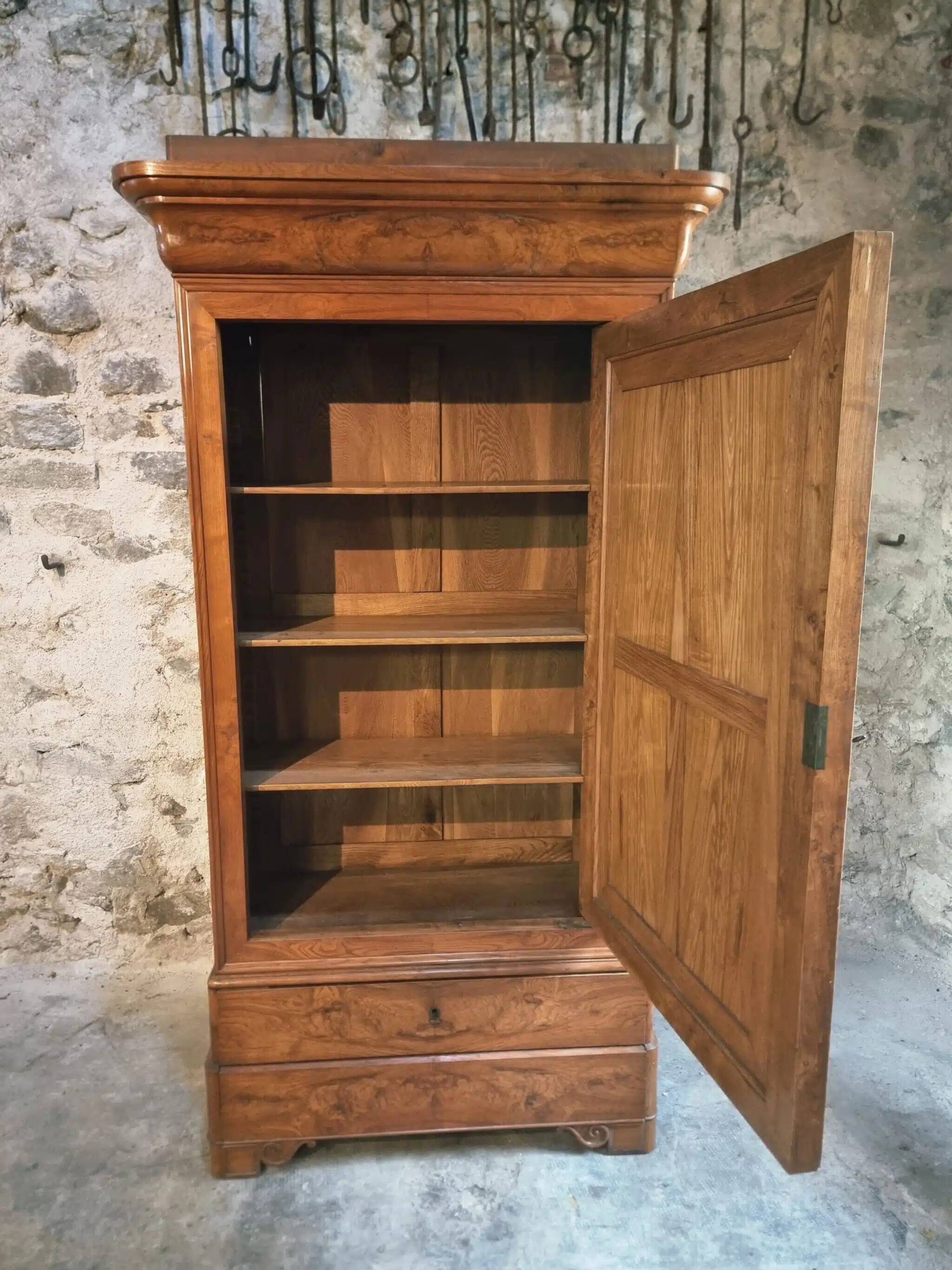 Antique French Louis Philippe wardrobe / wardrobe – elm and oak, mirrored door, 19th century