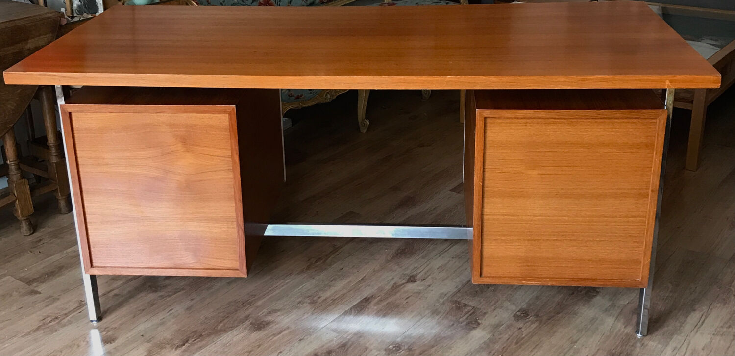 Vintage teak and stainless steel desk with two pedestals