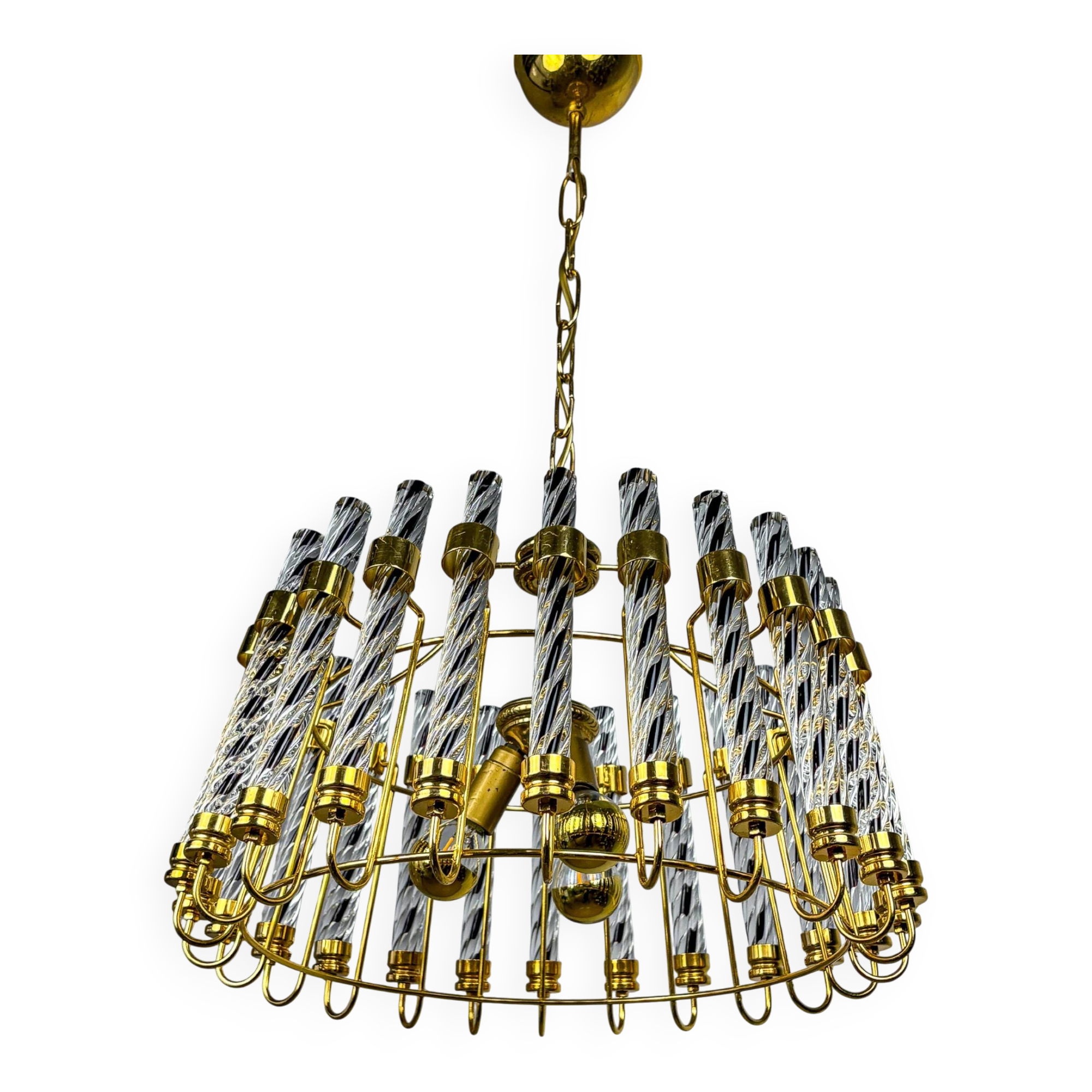 Murano twisted prism chandelier – gold brass frame, Italy 1970s