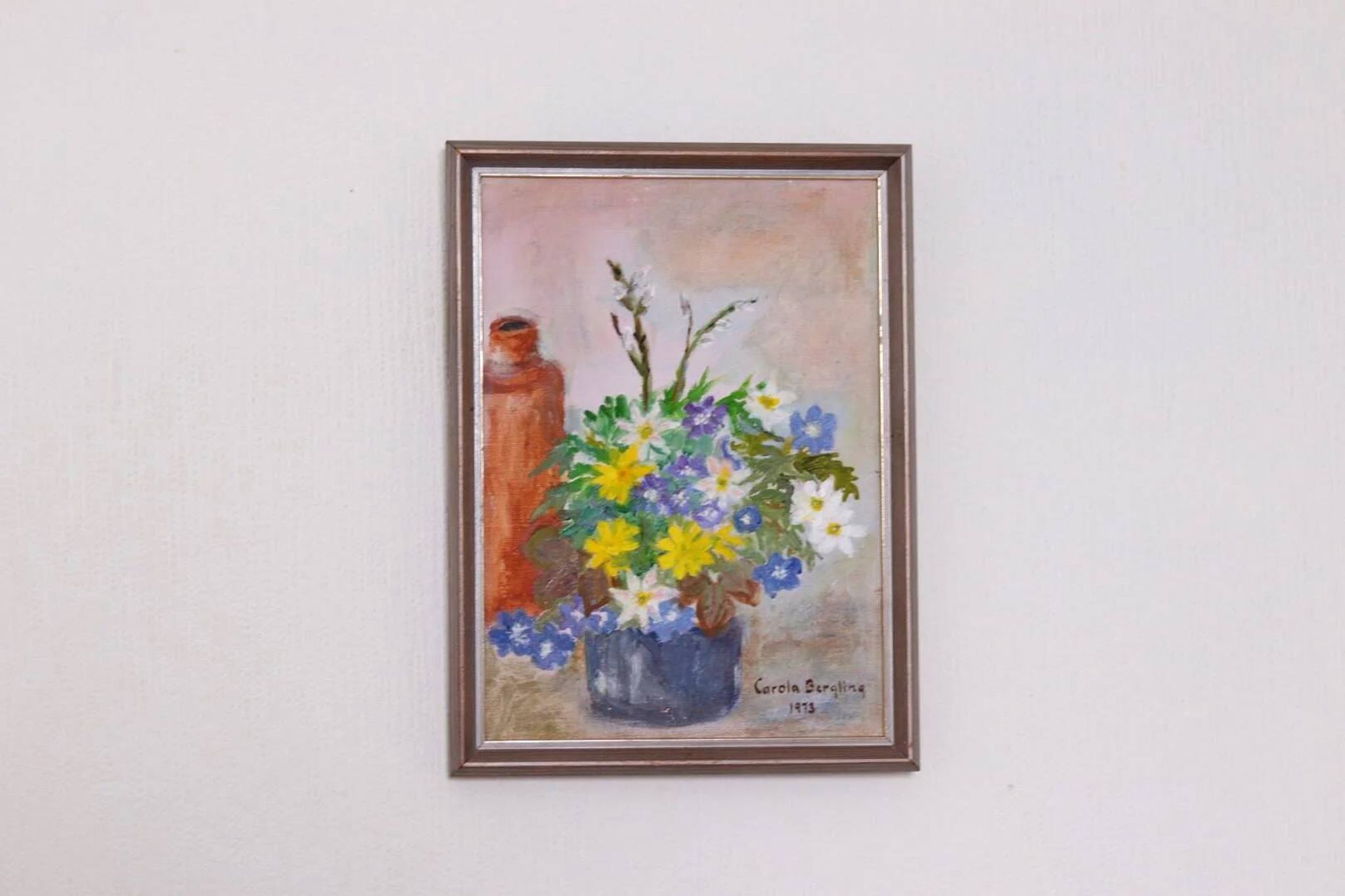Huile sur toile originale suédoise – « Vase de fleurs » par Carola Bergling