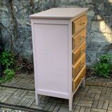 Vintage powder pink compass leg chest of drawers from the 1950s