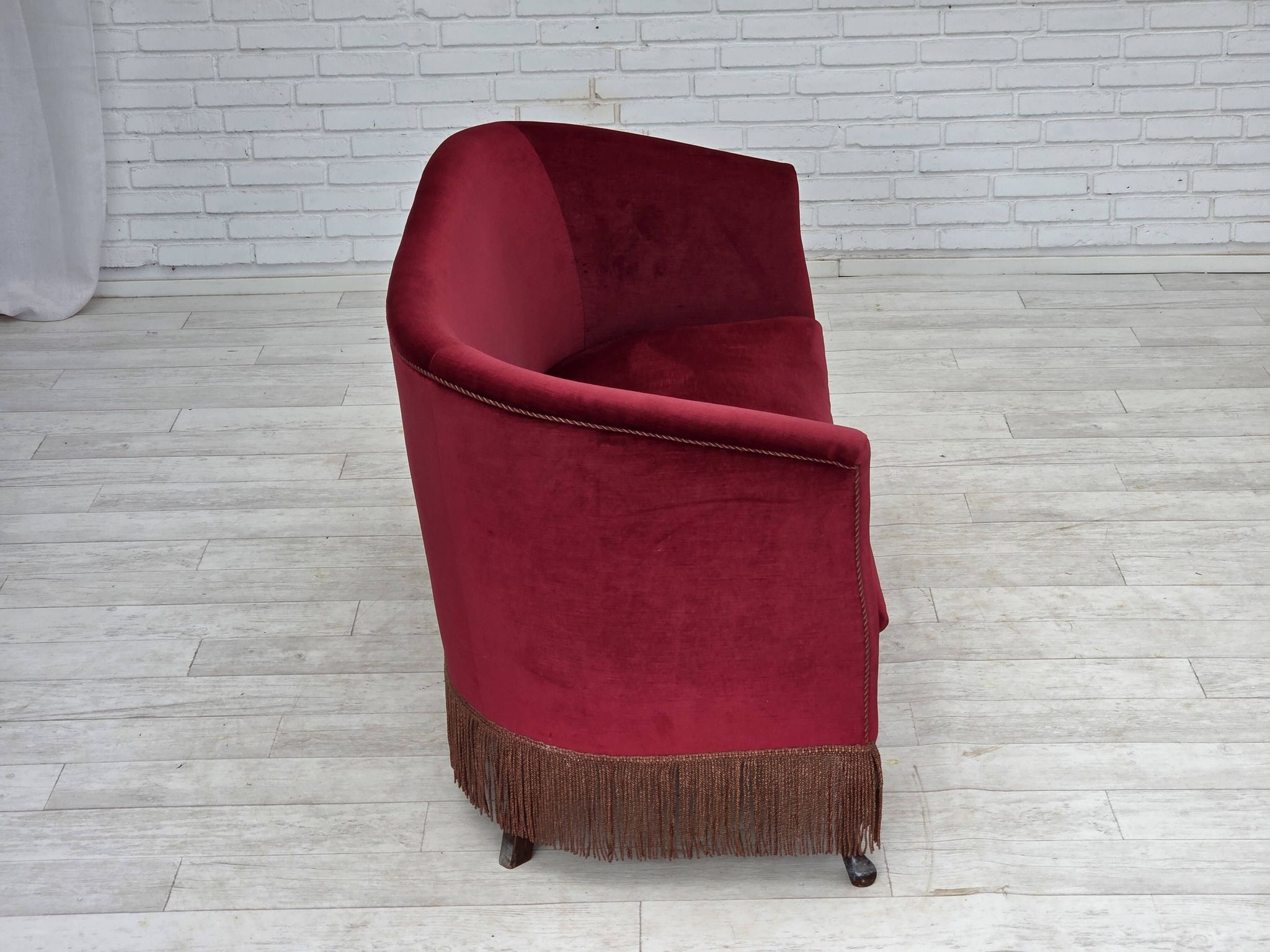 1960s, Danish 2-seater sofa, red furniture velour, ash wood legs.