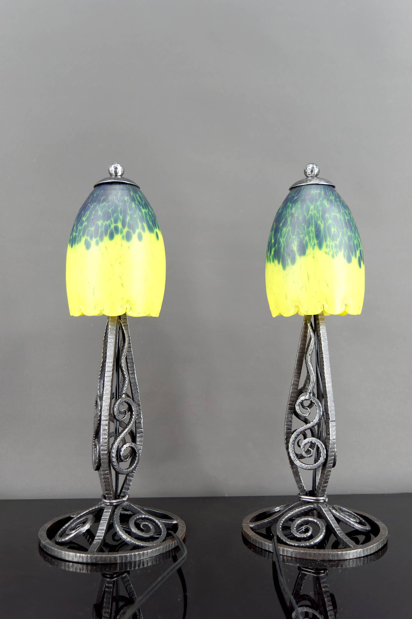 Pair of Wrought Iron & Blown Glass Lamps, France, Art Deco, c. 1930
