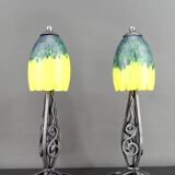 Pair of Wrought Iron & Blown Glass Lamps, France, Art Deco, c. 1930