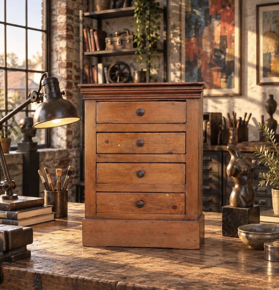 Small workshop cabinet with four drawers, mahogany finish and lined interiors.