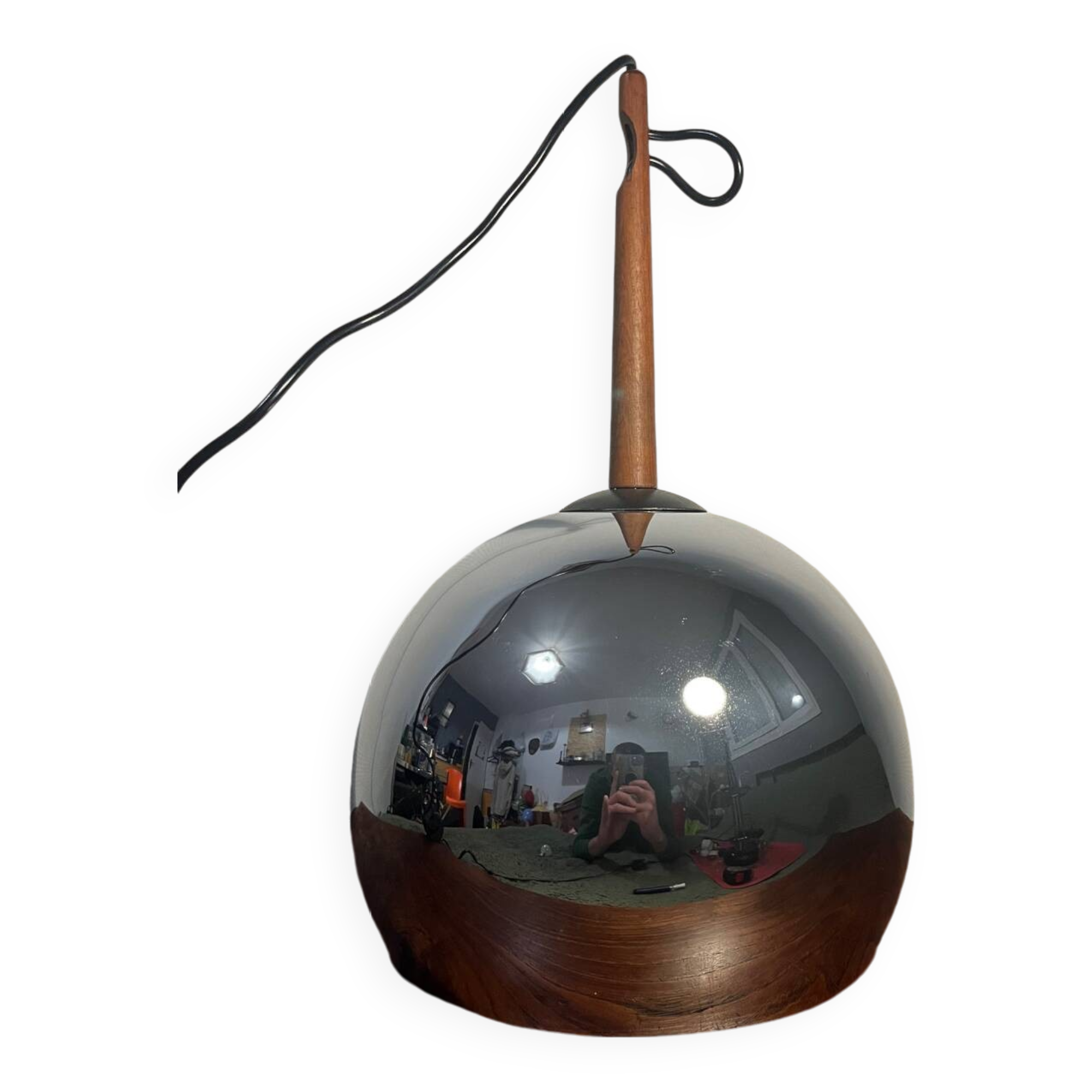 Suspension globe métal année 70 avec support teck