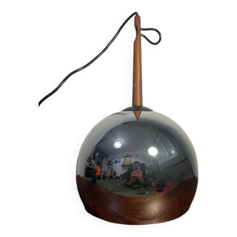 70s metal globe pendant light with Rispal teak support