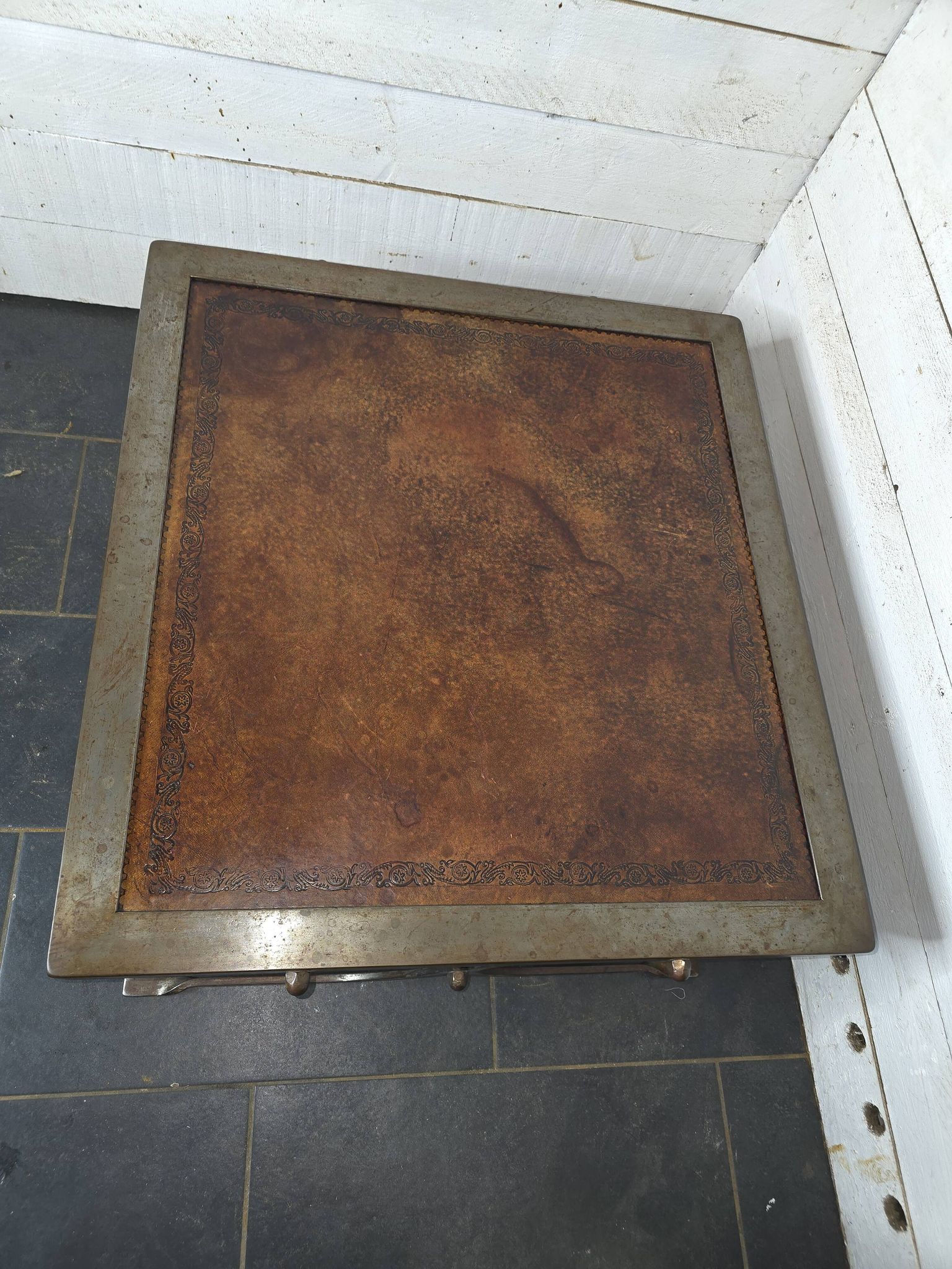 Vintage steel and leather coffee table