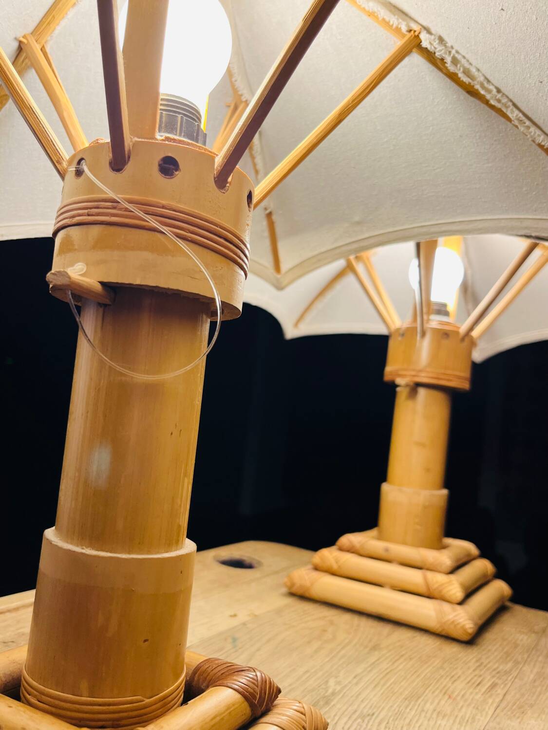 70s bamboo parasol lamps