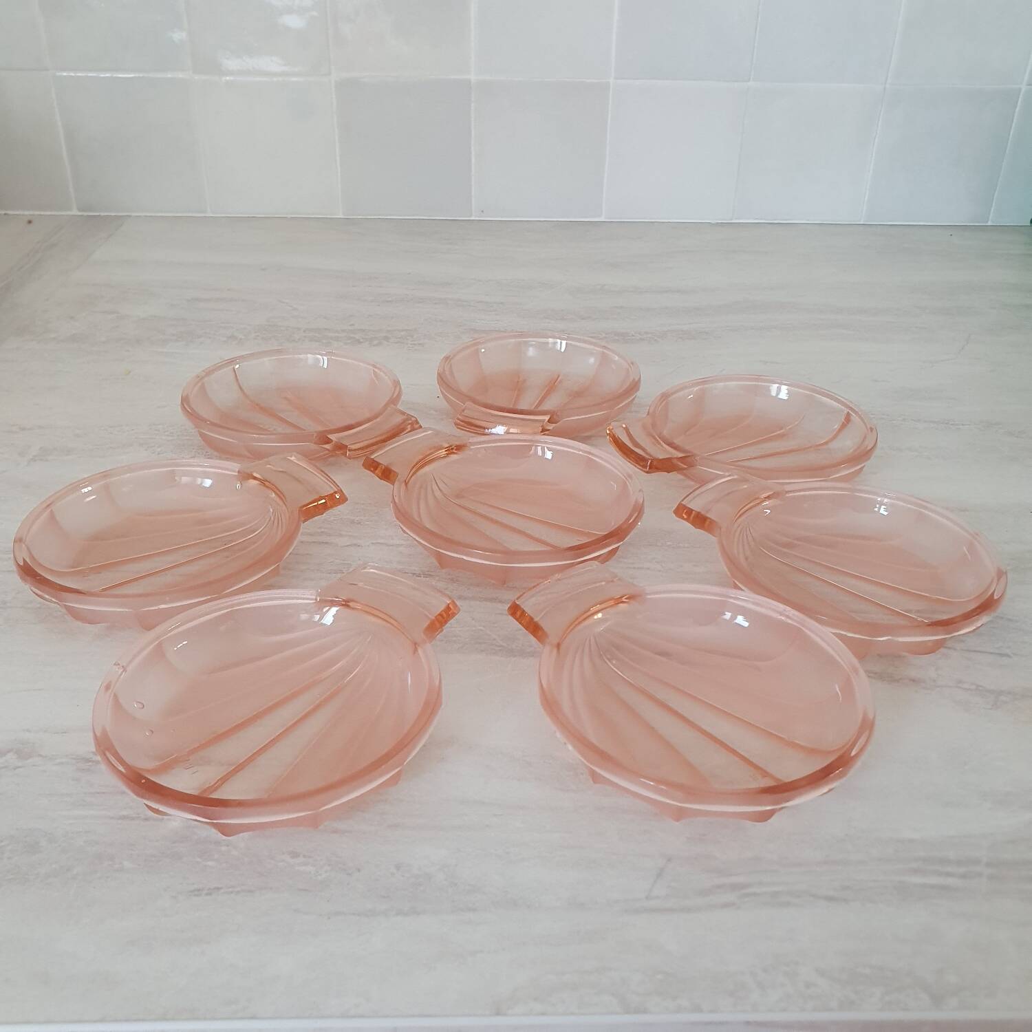 8 pink glass scallop shell bowls