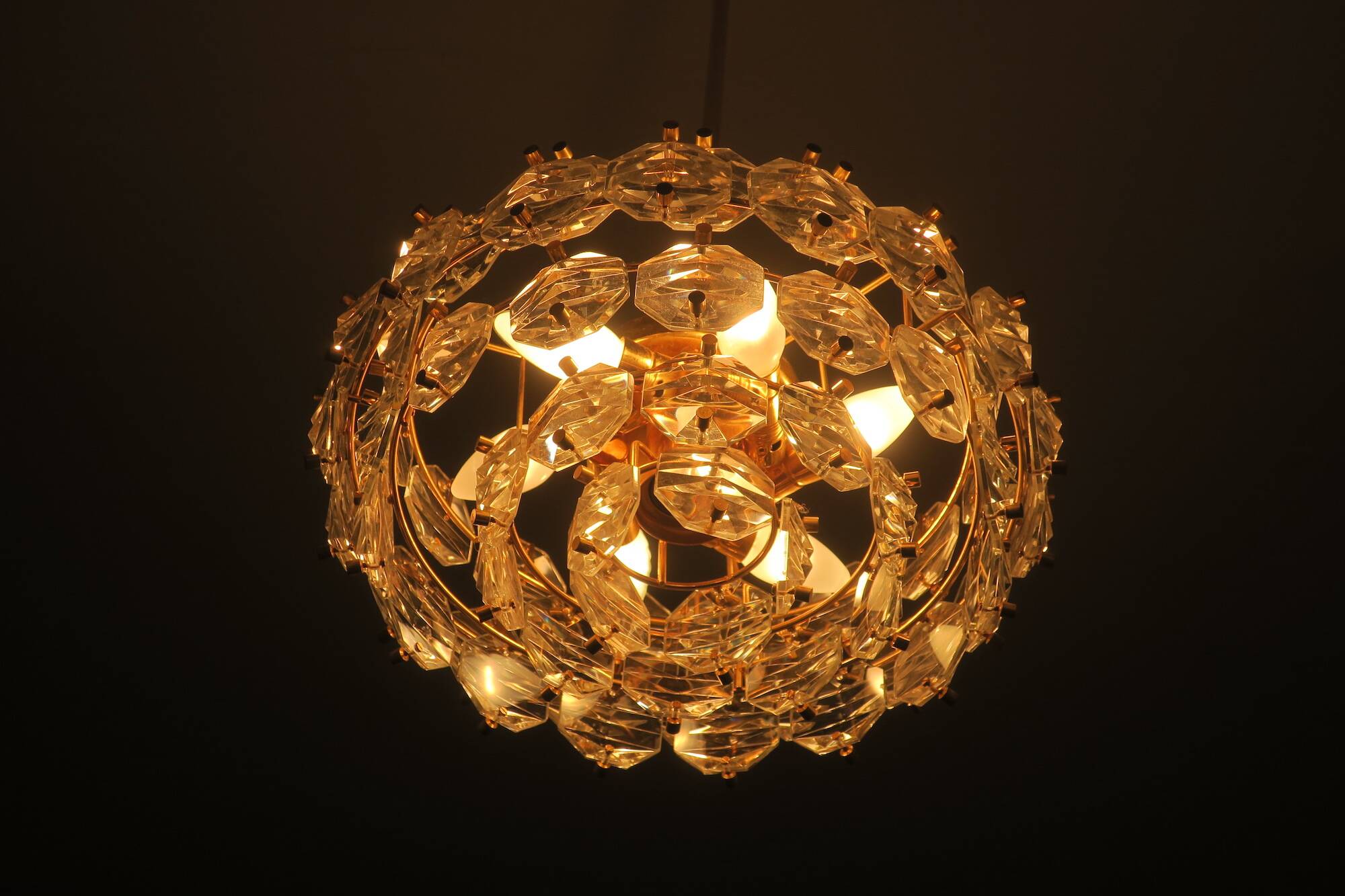 Kinkeldey gold-plated brass and faceted glass chandelier, 1960s