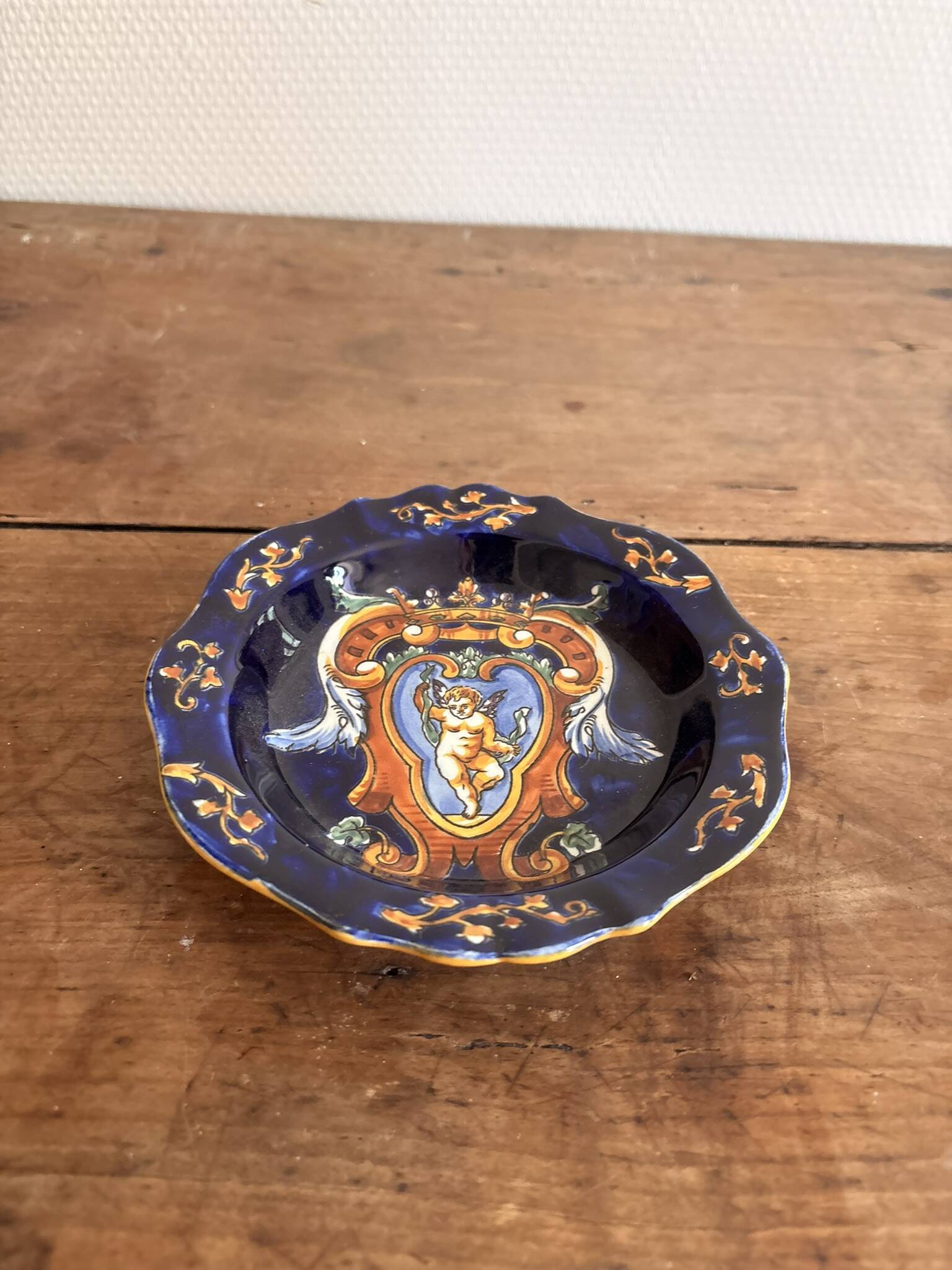 Ashtray Pocket Dish Earthenware Gien Renaissance Model Angel Cherub Blue