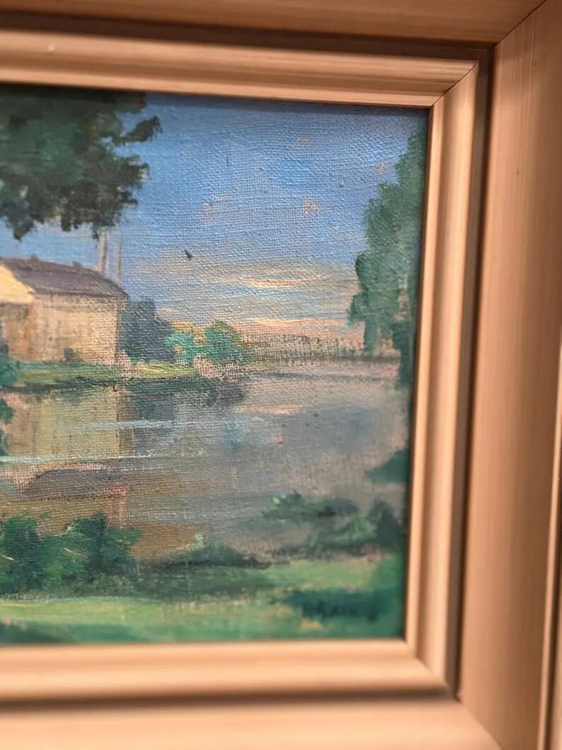 Original Oil on Canvas – “House near The Lake” by Fern I. Coppedge – Signed – Vintage & Framed – 30 × 24 cm (11.8" × 9.4")