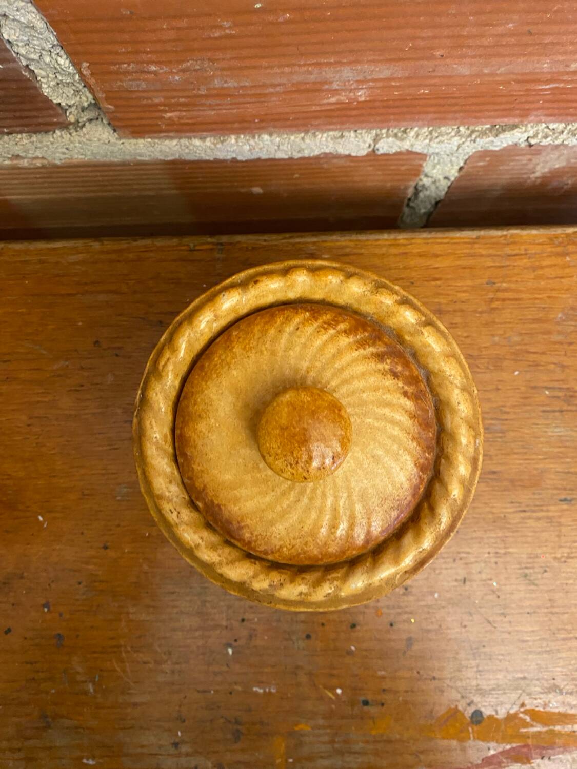 Antique pillivuyt terrine in a pate shape in a vintage porcelain fired crust