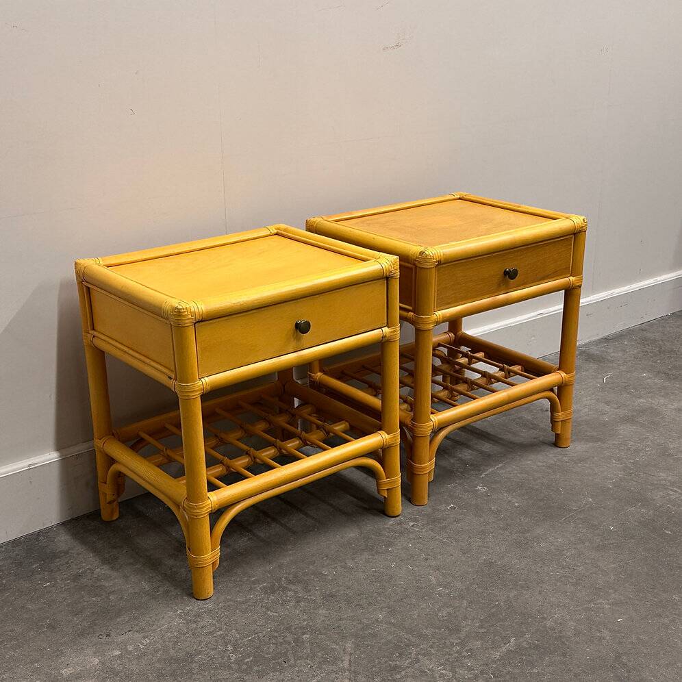 Pair of vintage bamboo & wood nightstands with drawer, 1970s