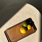 Trio of rounded rectangular trays or cups in monoxyl teak L:35