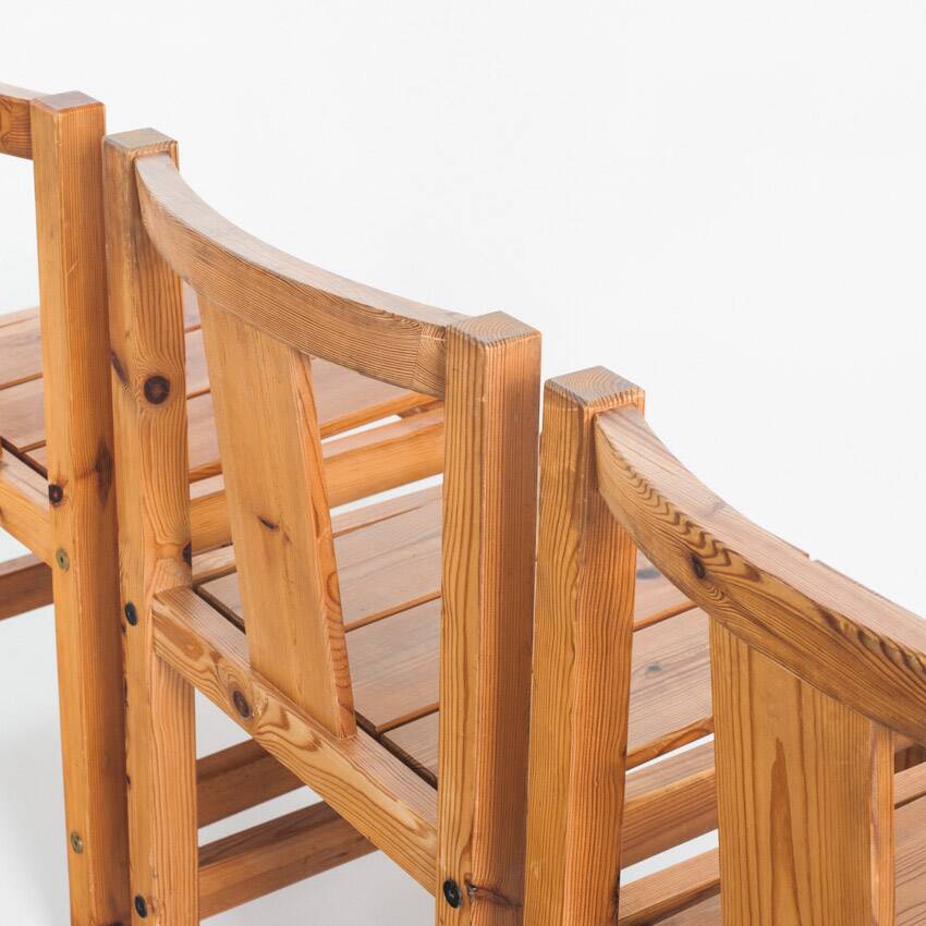 Set of four Scandinavian style chairs + bench. Pine wood. Produced by Sotka. Finland 70s