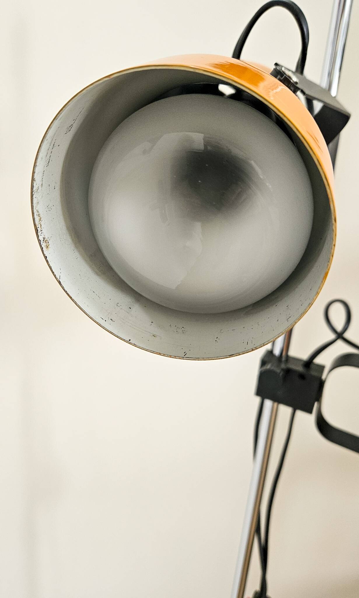 Vintage 1970s floor lamp with 2 spots, chrome, orange and black.