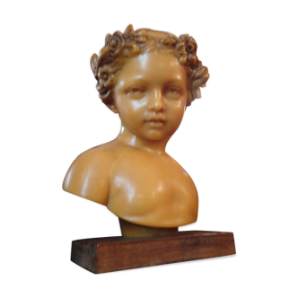 Bust of girl in late 19th grade wax signed on wooden base