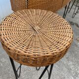 Vintage 1950s bar counter with two rattan and metal stools