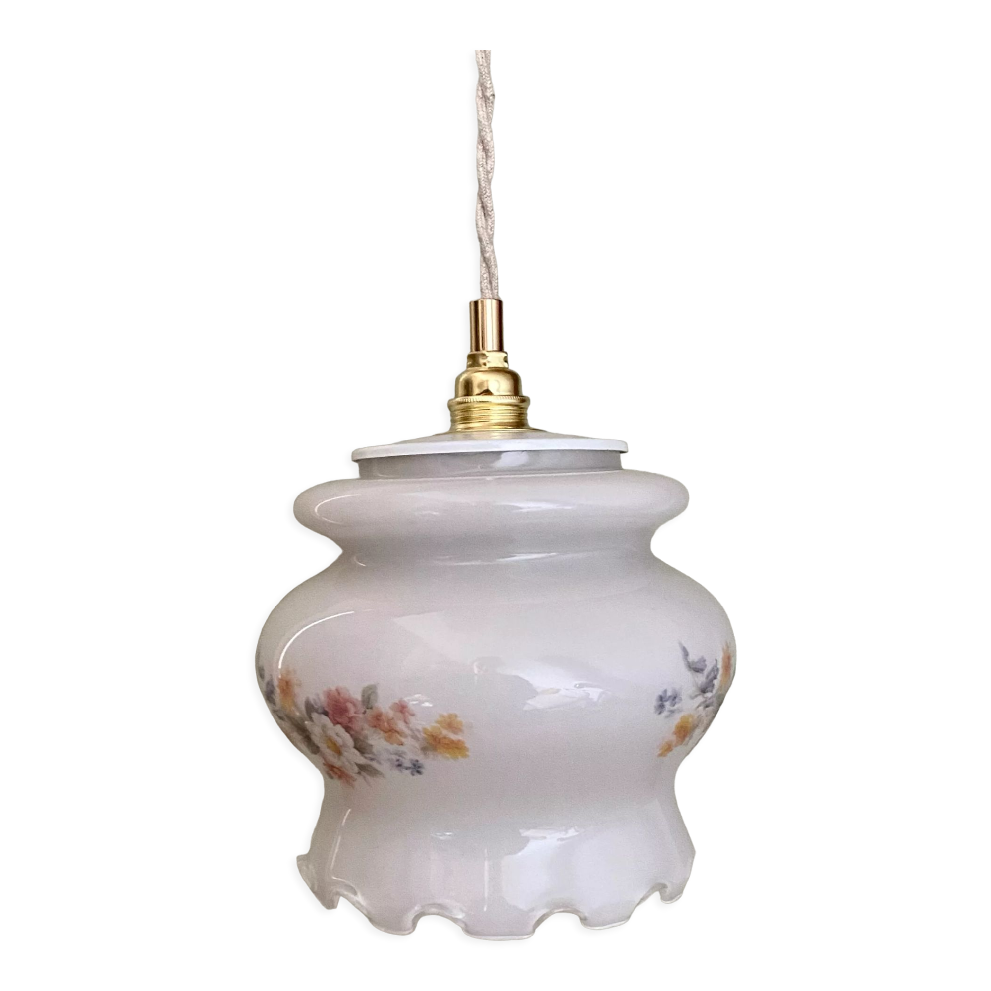 Vintage white opaline globe walker with flower designs