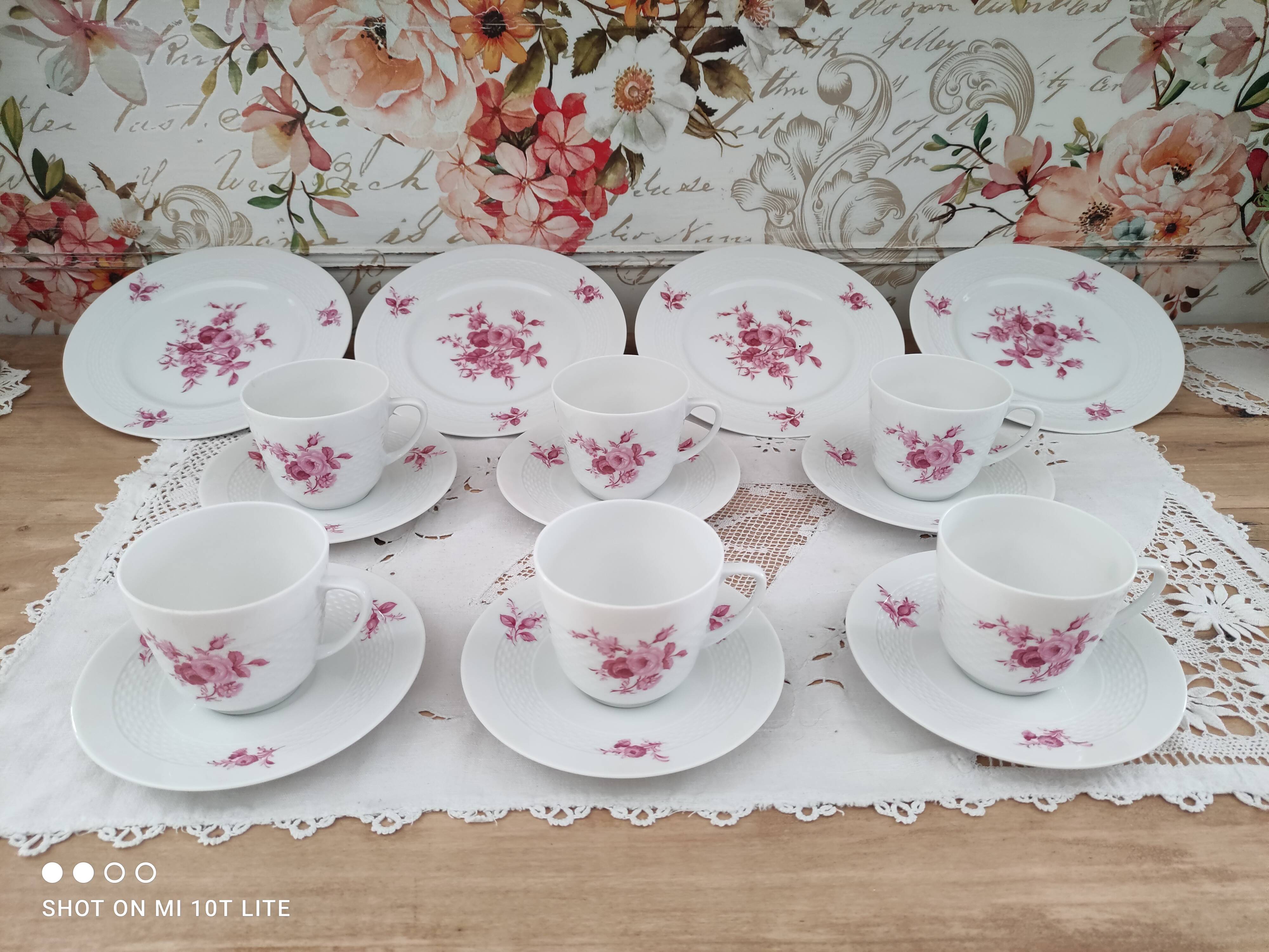 Coffee set 16 pieces porcelain bavaria white décor pink roses