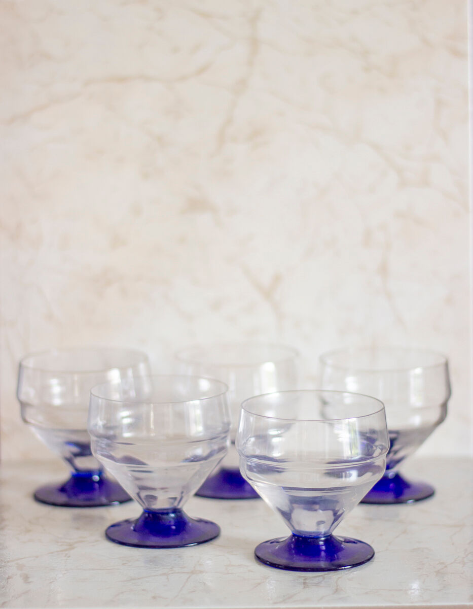 5 verres pied bleu style art déco