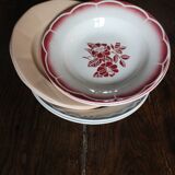 6 mismatched soup plates Digoin Sarreguemines red blue pink