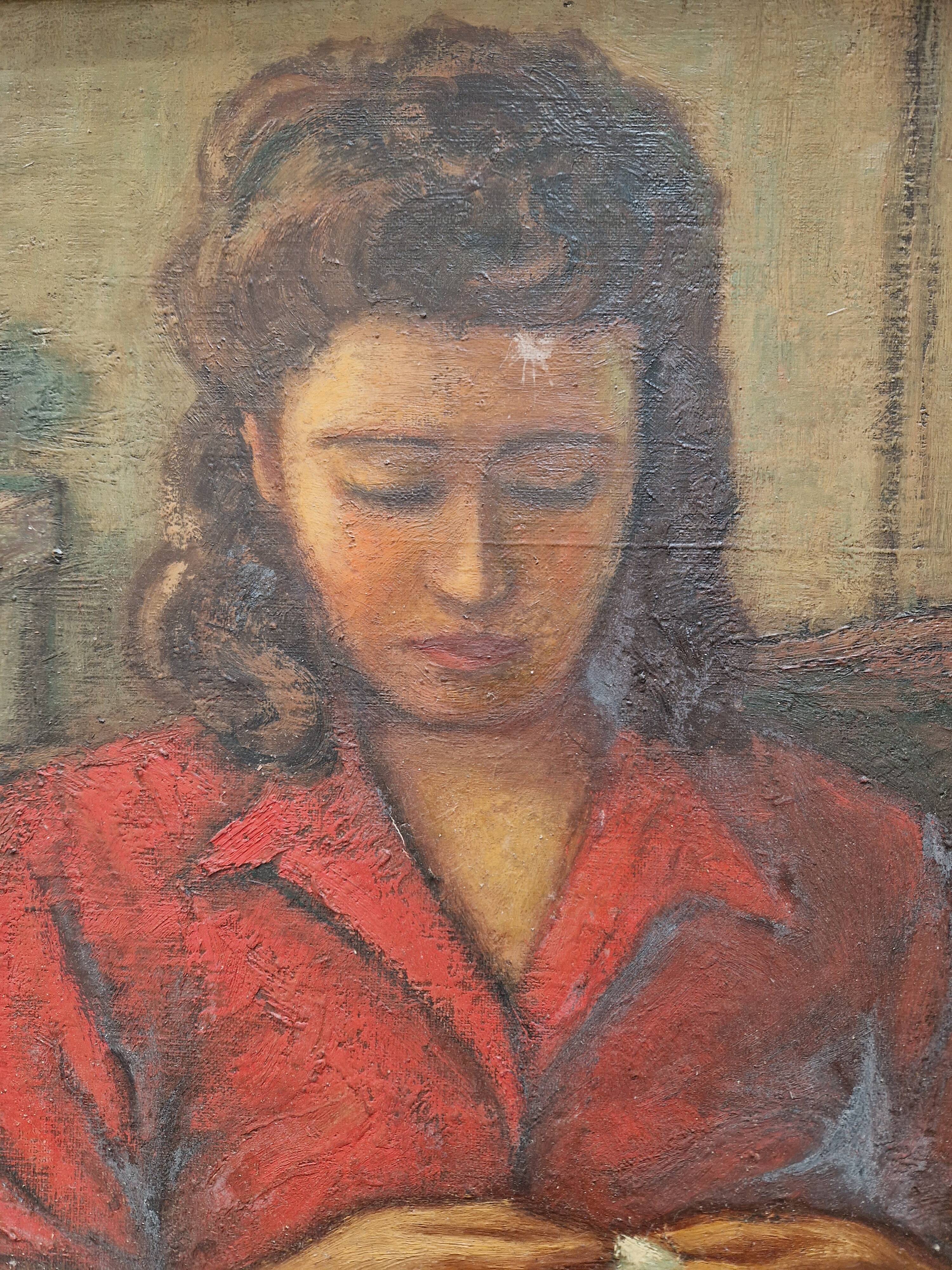Oil painting, Woman who does sewing