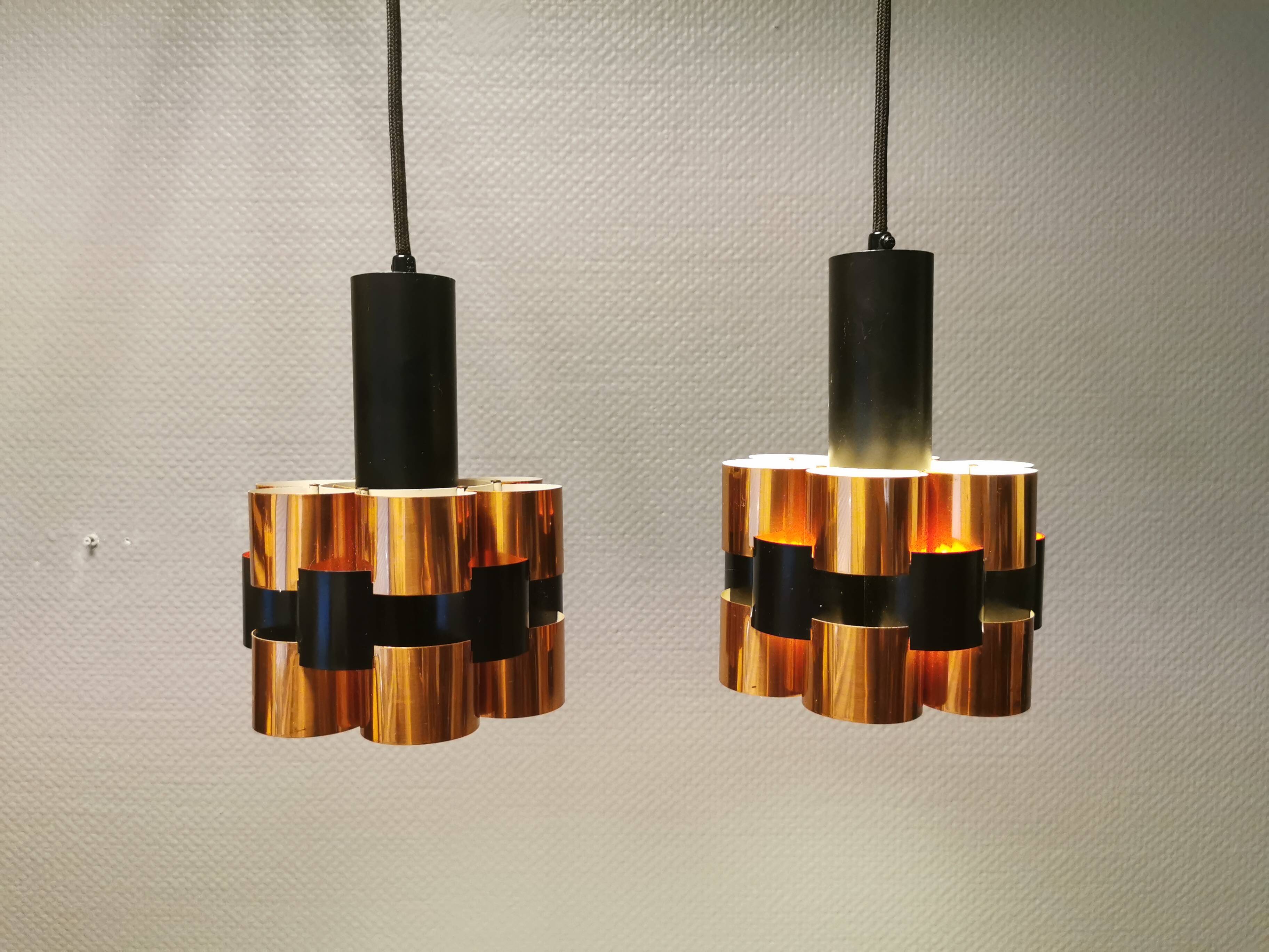 2 suspensions en métal noir et cuivre par Werner Schou pour Coronell Elektro, années 1960-1970
