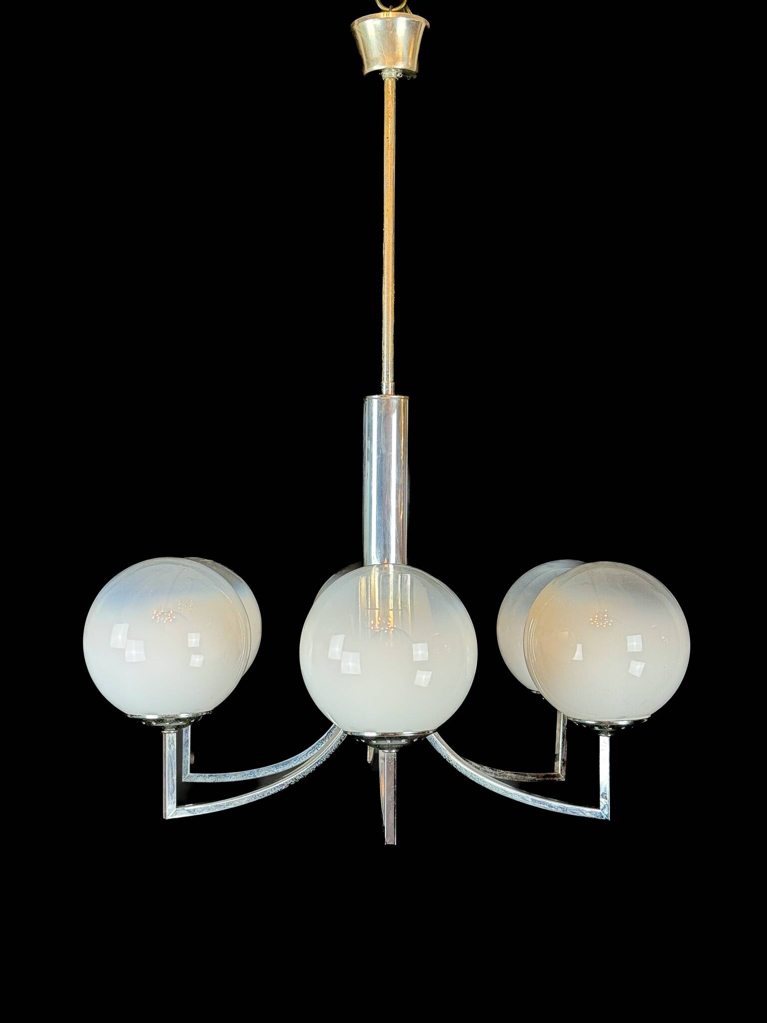 Six arms chandelier in murano glass spheres and chrome. Italy 1960s