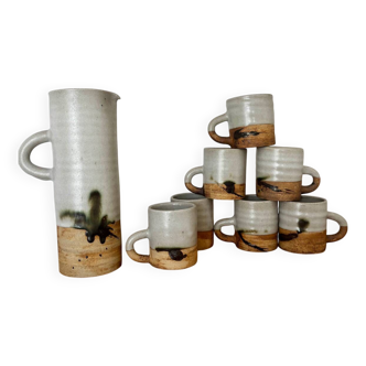 Pitcher and 7 cups set, glazed stoneware, pottery from the dovecote