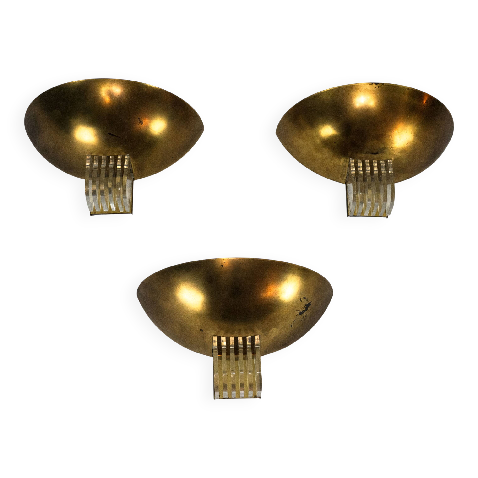 Set of three Italian Deco-style brass wall sconces, Italy 1970s