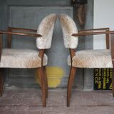 Pair of bridge chairs in wood and powder pink satin-effect fabric, Art Deco style