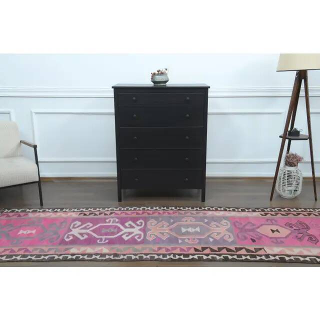 1970s Vintage Turkish Hand-Knotted Wool Cotton Pink Runner Rug 98x303